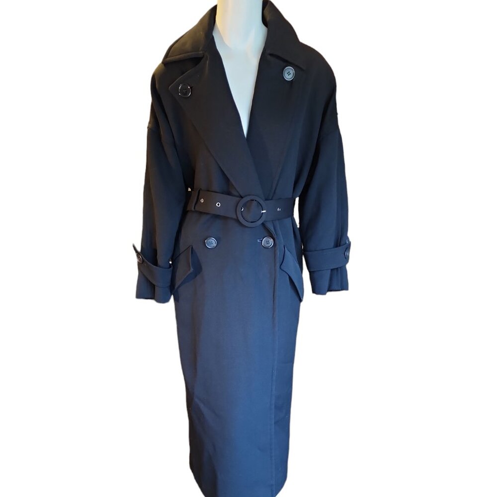 1970's Blue-Black Calvin Klein Wool Blend Trench Coat W/Belt Lining Flaw